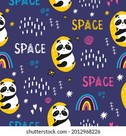 Seamless space pattern with pandas, bears in space. Doodle style. Vector illustration with funny pandas on the moon for the design of children's clothing, fabrics.