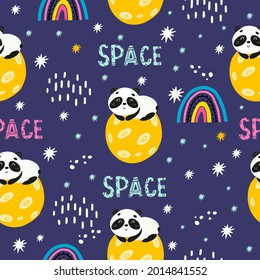 Seamless space pattern with pandas, bears in space. Vector illustration with funny pandas on the moon for the design of children's clothing, fabrics. Doodle style. Rainbow, planets, stars.