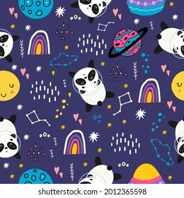 Seamless space pattern with pandas in spacesuits, the moon, planets, stars, rainbows. Design of children's clothing, fabrics, a room with bears. Cute print with space animals. Doodle style. Cute bears