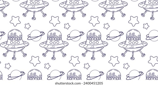 Seamless space pattern with pet food. Linear drawing of a satellite with food for cats flying in space.