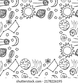 Seamless space pattern with place for text. Cosmos background. Doodle vector space illustration with planets, comet, stars, moon, sun and black hole