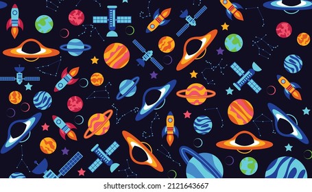 Seamless Space Pattern with planet like mercury, venus, earth, mars, jupiter, saturn, uranus and neptune plus blackhole, satellite, rocket, star, moon and zodiac you can use this as a background.