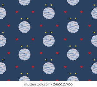 Seamless space pattern with planet and stars in dark sky. Childish galaxy background. Colored flat vector illustration