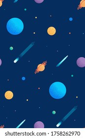Seamless space pattern with planets and asteroid. Suitable for fabric and wrapping paper design. Flat vector illustration