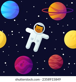 Seamless space pattern with planets, an astronaut cat and stars in a dark sky. Vector gradient illustration.