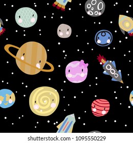 Seamless space pattern. Planets, rockets and stars. Cartoon spaceship icons. Kid's elements for scrap-booking. Childish background. Hand drawn vector illustration.