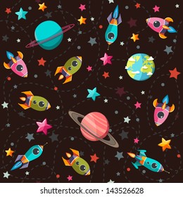 Seamless space pattern. Planets, rockets and stars. Cartoon spaceship icons. Kid's elements for scrap-booking. Childish background. Hand drawn vector illustration.