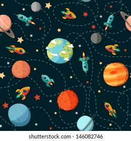 Seamless space pattern. Planets, rockets and stars. Cartoon spaceship icons. Kid's elements for scrap-booking. Childish background. Hand drawn vector illustration. 
