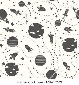 Seamless space pattern. Planets, rockets and stars. Cartoon spaceship icons. Kid's elements for scrap-booking. Childish background. Hand drawn vector illustration. 