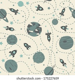 Seamless space pattern. Planets, rockets and stars. Cartoon spaceship icons. Kid's elements for scrap-booking. Childish background. Hand drawn vector illustration. 