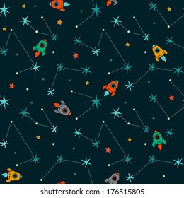 Seamless space pattern. Planets, rockets and stars. Cartoon spaceship icons. Kid's elements for scrap-booking. Childish background. Hand drawn vector illustration. 