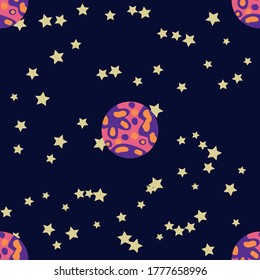 Seamless space pattern. Planets, rockets and stars. Cartoon spaceship icons. Hand drawn