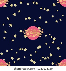 Seamless space pattern. Planets, rockets and stars. Cartoon spaceship icons. Hand drawn