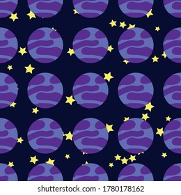 Seamless space pattern. Planets, rockets and stars. Cartoon spaceship. Childish background. Hand drawn illustration.