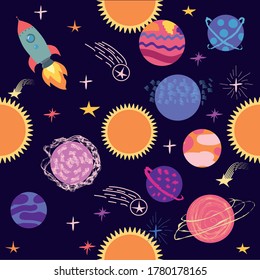 Seamless space pattern. Planets, rockets and stars. Cartoon spaceship. Childish background. Hand drawn illustration.