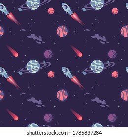 Seamless space pattern. Planets, rockets and stars. Cartoon spaceship icons. Baby items for scrap booking. Children's background. Hand drawing vector illustration.