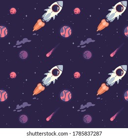 Seamless space pattern. Planets, rockets and stars. Cartoon spaceship icons. Baby items for scrap booking. Children's background. Hand drawing vector illustration.