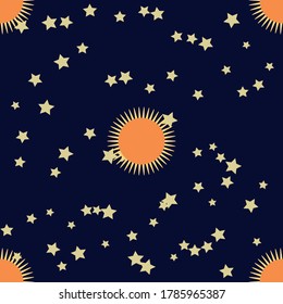 Seamless space pattern. Planets, rockets and stars. Cartoon spaceship icons. Hand drawn