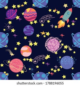 Seamless space pattern. Planets, rockets and stars. Cartoon spaceship. Childish background. Hand drawn illustration.