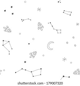 Seamless space pattern. Planets, rockets and stars. Cartoon spaceship icons. Kid's elements for scrap-booking. Childish background. Hand drawn vector illustration. 