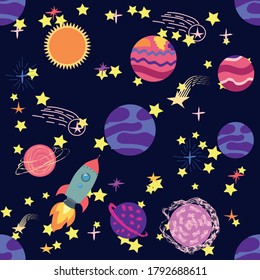 Seamless space pattern. Planets, rockets and stars. Cartoon spaceship. Childish background. Hand drawn illustration.