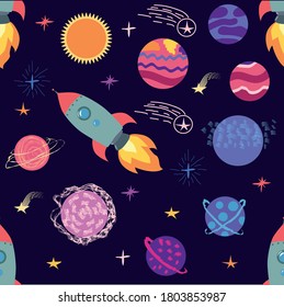 Seamless space pattern. Planets, rockets and stars. Cartoon spaceship. Childish background. Hand drawn illustration.