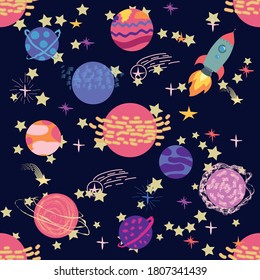 Seamless space pattern. Planets, rockets and stars. Cartoon spaceship icons. Hand drawn