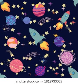 Seamless space pattern. Planets, rockets and stars. Cartoon spaceship icons. Hand drawn