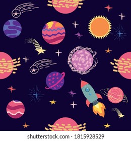 Seamless space pattern. Planets, rockets and stars. Cartoon spaceship icons. Hand drawn