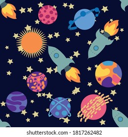 Seamless space pattern. Planets, rockets and stars. Cartoon spaceship icons. Hand drawn