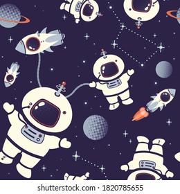 Seamless space pattern. Planets, rockets and stars. Cartoon spaceship icons. Baby items for scrap booking. Children's background. Hand drawing vector illustration.

