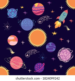 Seamless space pattern. Planets, rockets and stars. Cartoon spaceship. Childish background. Hand drawn illustration.