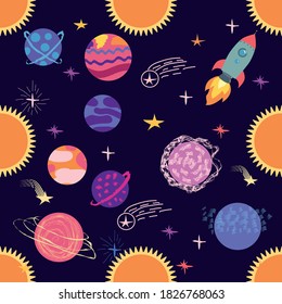 Seamless space pattern. Planets, rockets and stars. Cartoon spaceship. Childish background. Hand drawn illustration.