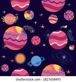 Seamless space pattern. Planets, rockets and stars. Cartoon spaceship. Childish background. Hand drawn illustration.