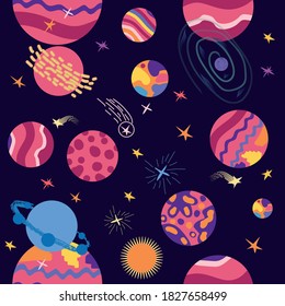 Seamless space pattern. Planets, rockets and stars. Cartoon spaceship. Childish background. Hand drawn illustration.