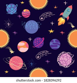 Seamless space pattern. Planets, rockets and stars. Cartoon spaceship. Childish background. Hand drawn illustration.