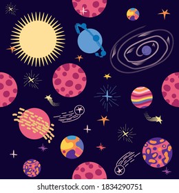 Seamless space pattern. Planets, rockets and stars. Cartoon spaceship icons. Hand drawn