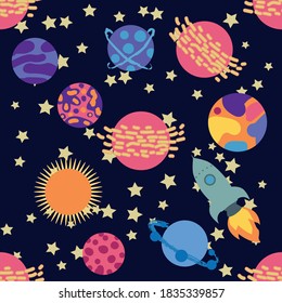 Seamless space pattern. Planets, rockets and stars. Cartoon spaceship icons. Hand drawn