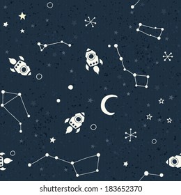 Seamless space pattern. Planets, rockets and stars. Cartoon spaceship icons. Kid's elements for scrap-booking. Childish background. Hand drawn vector illustration. 