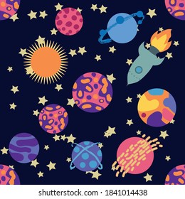 Seamless space pattern. Planets, rockets and stars. Cartoon spaceship icons. Hand drawn