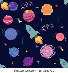 Seamless space pattern. Planets, rockets and stars. Cartoon spaceship icons. Hand drawn