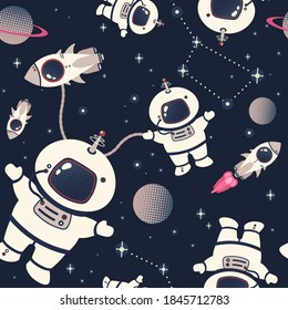 Seamless space pattern. Planets, rockets and stars. Cartoon spaceship. Children's products. Children's background. Hand drawing vector illustration.