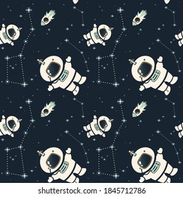 Seamless space pattern. Planets, rockets and stars. Cartoon spaceship. Children's products. Children's background. Hand drawing vector illustration.