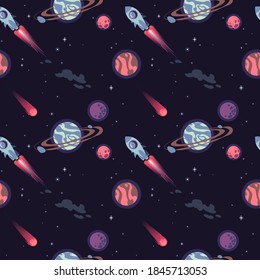 Seamless space pattern. Planets, rockets and stars. Cartoon spaceship. Children's products. Children's background. Hand drawing vector illustration.

