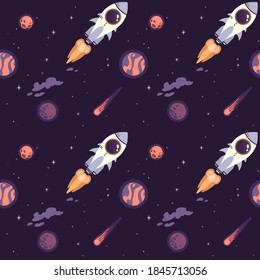 Seamless space pattern. Planets, rockets and stars. Cartoon spaceship. Children's products. Children's background. Hand drawing vector illustration.

