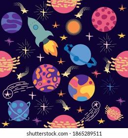Seamless space pattern. Planets, rockets and stars. Cartoon spaceship icons. Hand drawn