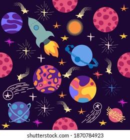 Seamless space pattern. Planets, rockets and stars. Cartoon spaceship icons. Hand drawn