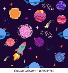 Seamless space pattern. Planets, rockets and stars. Cartoon spaceship icons. Hand drawn