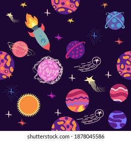 Seamless space pattern. Planets, rockets and stars. Cartoon spaceship icons. Hand drawn