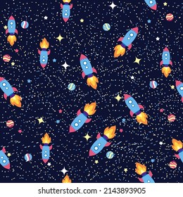 Seamless space pattern. Planets, rockets and stars. Cartoon spaceship. Childish background. Hand drawn illustration.